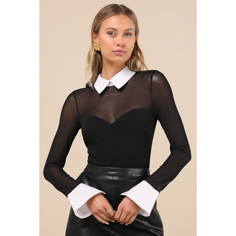 Lulus Confident Essence Black And White Mesh Long Sleeve Bodysuit - Size XS